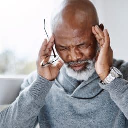 Older man rubbing his temples to try and ease his headache.